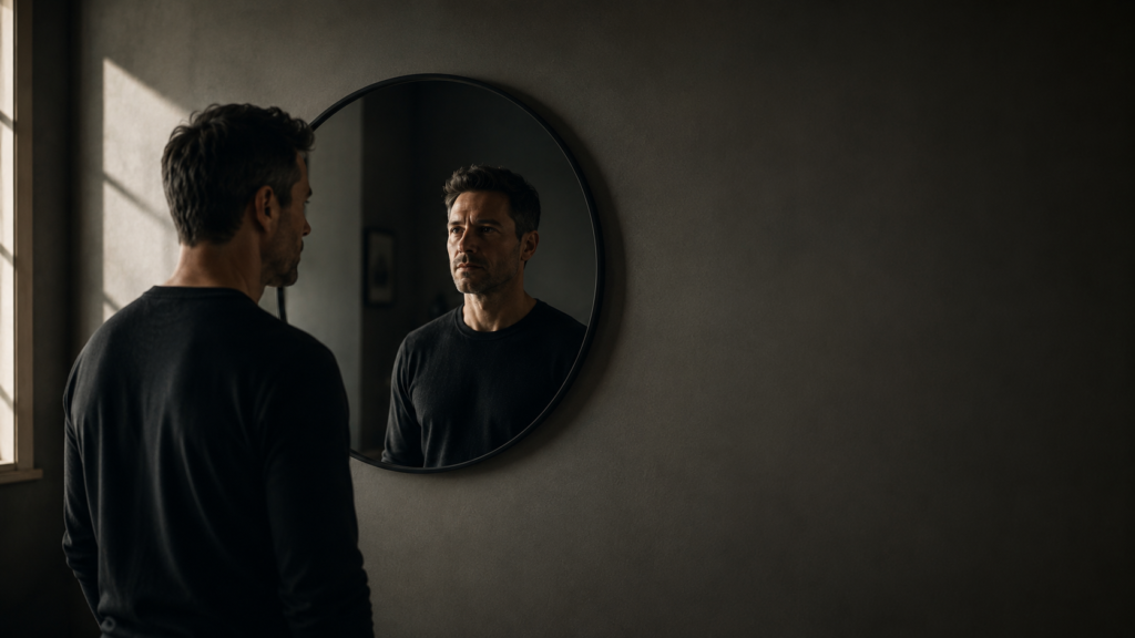 A shy introverted man quietly looking at his reflection in a mirror, representing the experience of being misunderstood as emotionally cold.
