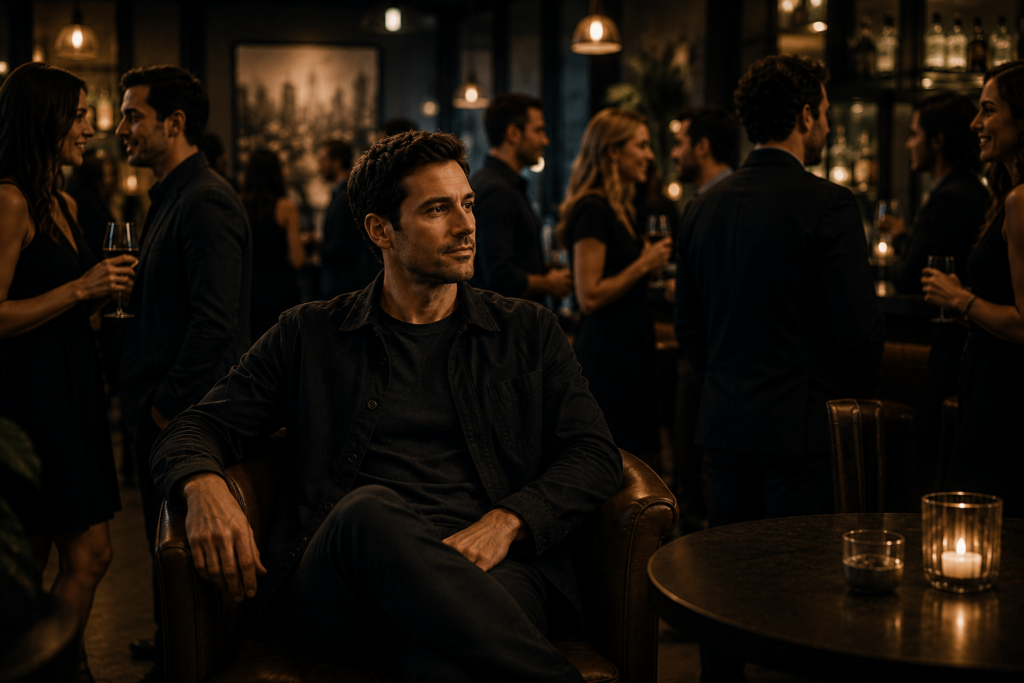 A calm introverted man sitting comfortably in a social lounge while people naturally interact around him, illustrating quiet confidence and authentic social presence without trying to impress anyone.