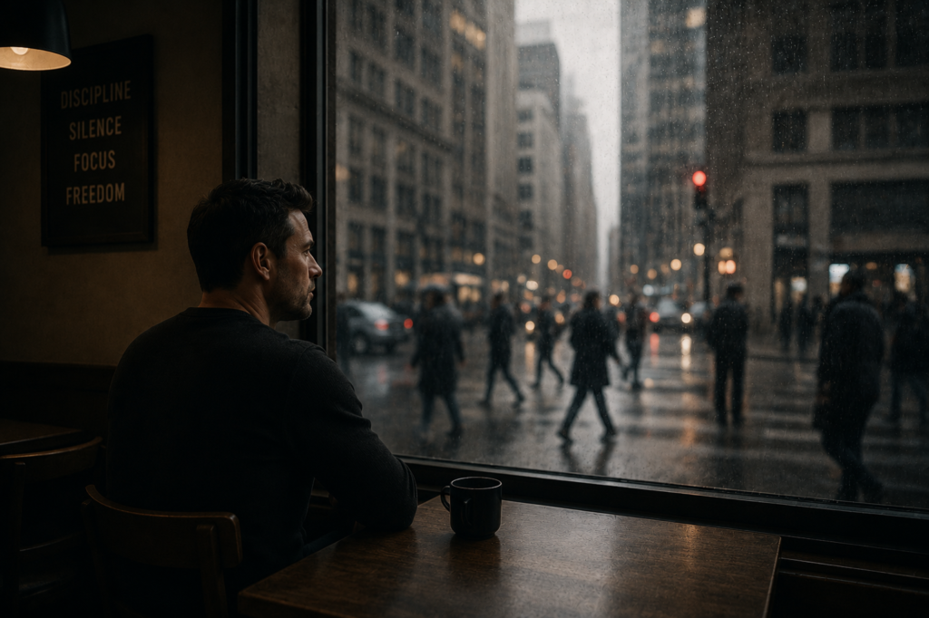 A quiet introverted man sitting alone in a coffee shop looking out a window while the busy world moves outside, representing emotional independence being mistaken for emotional coldness.