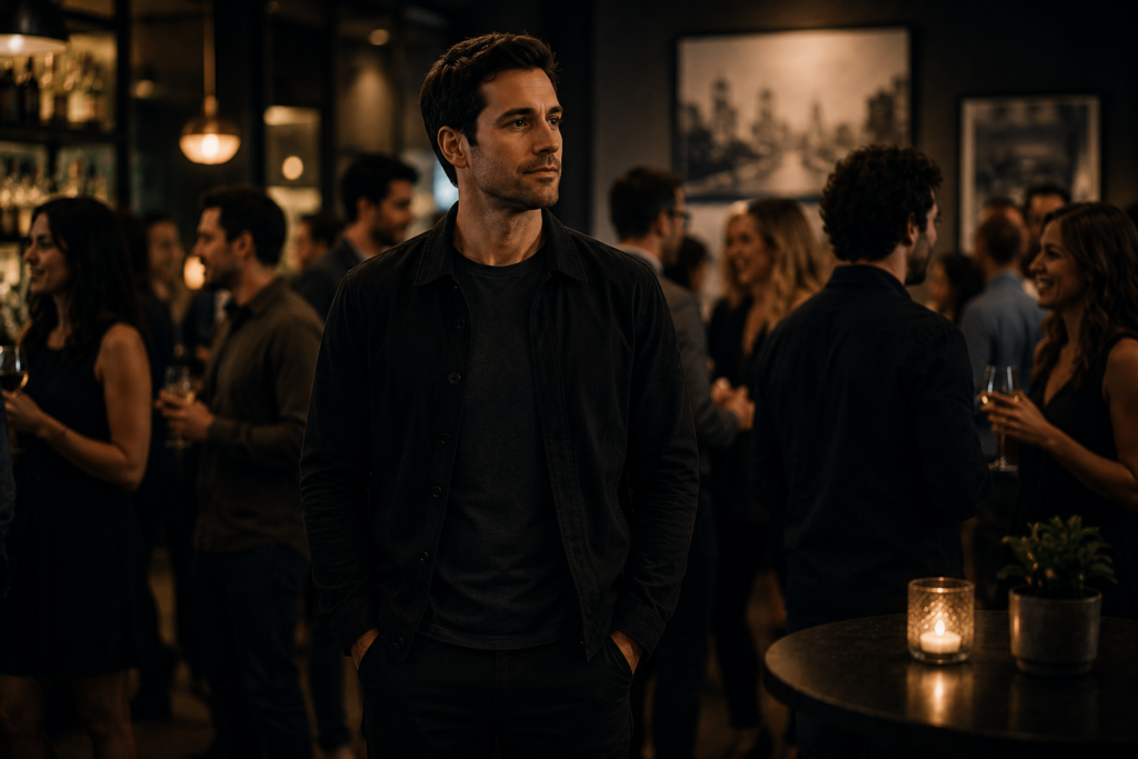 A thoughtful quiet introverted man standing comfortably at a social gathering while conversations happen naturally around him, illustrating why quiet confidence is often misunderstood as being invisible.